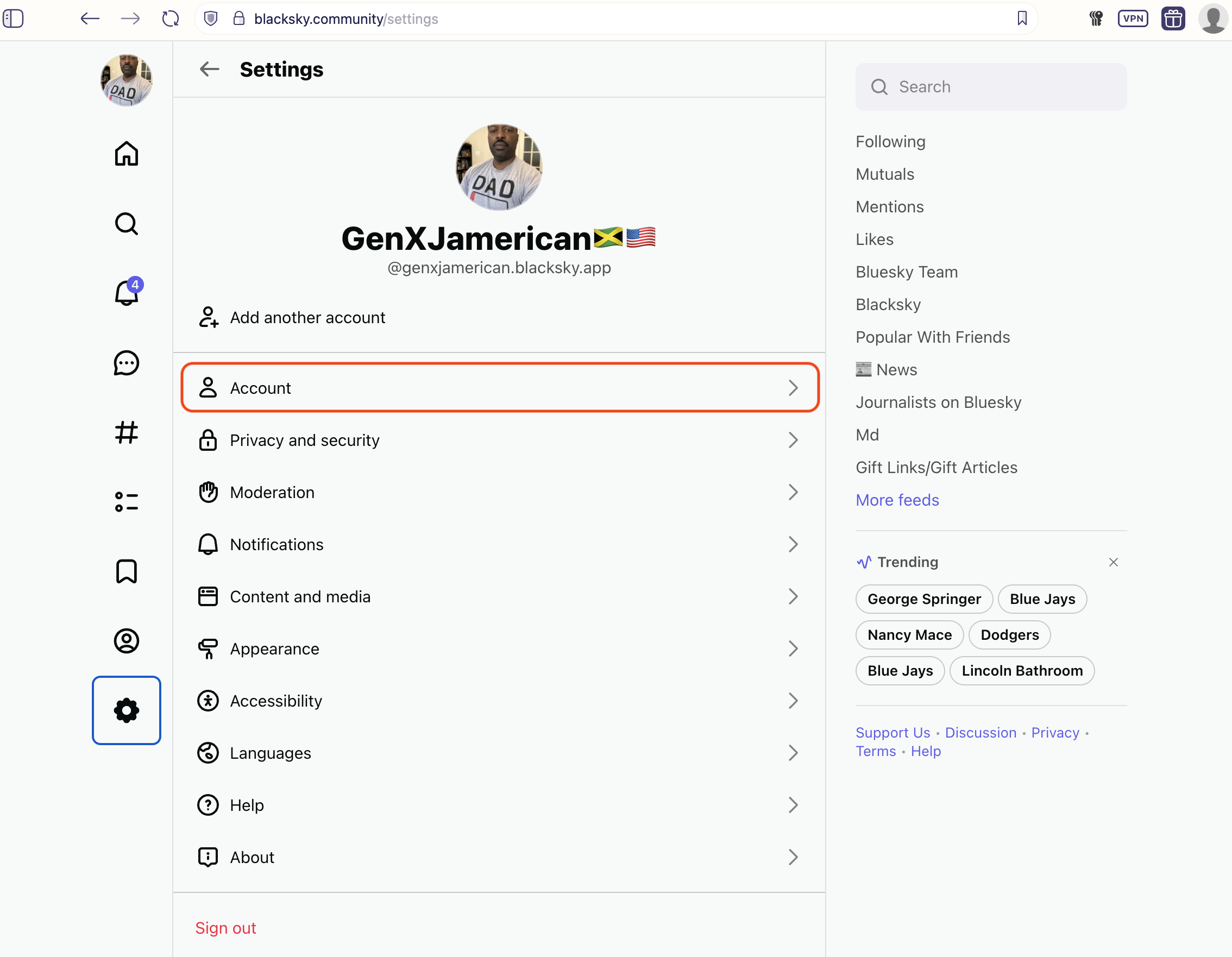 Auto-generated description: A social media settings page displays options like Account, Privacy, and Moderation, with trending topics listed on the side.
