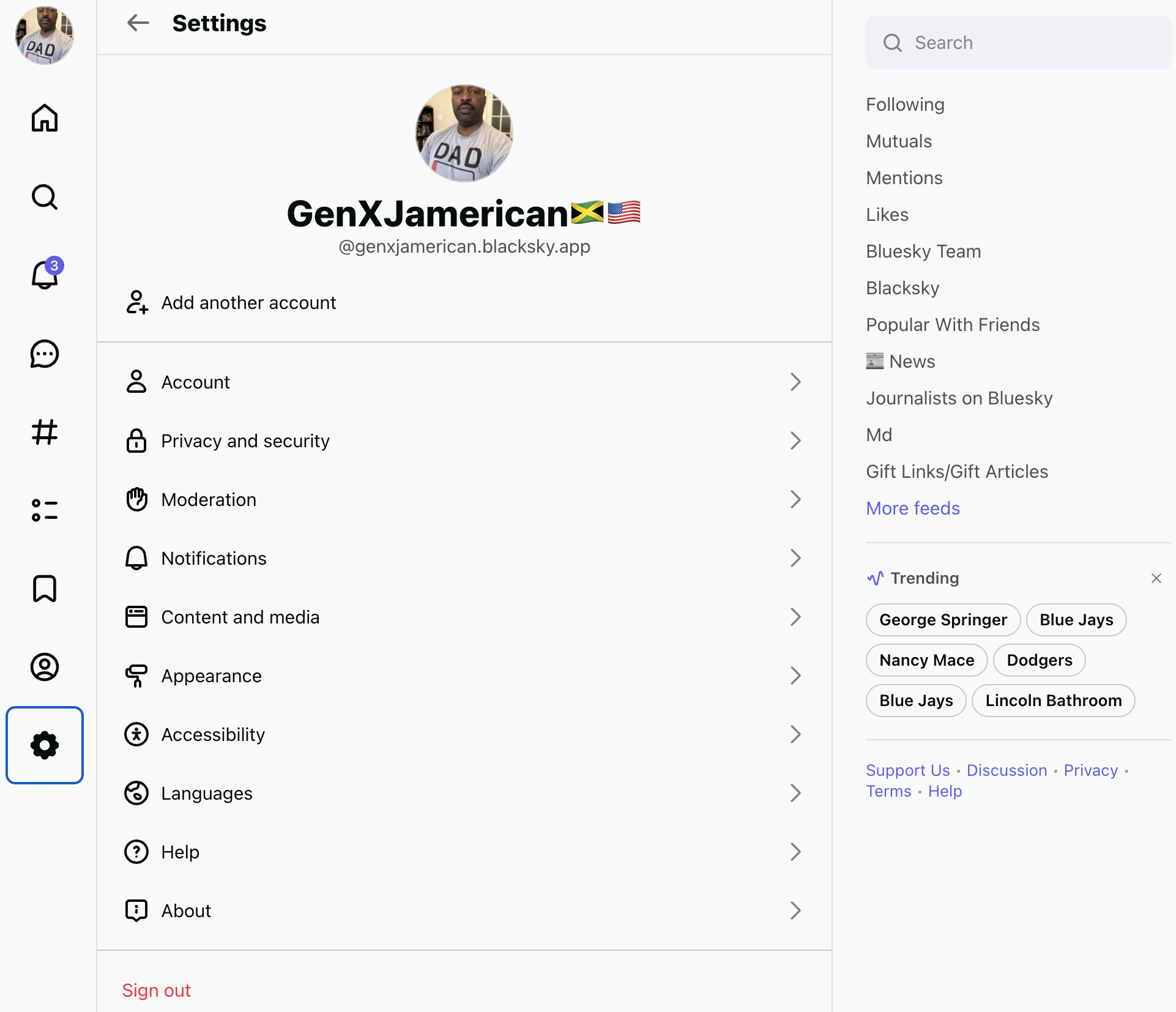Auto-generated description: A settings page for a social media application is displayed, featuring profile options on the left and a list of trending topics and menu items on the right.