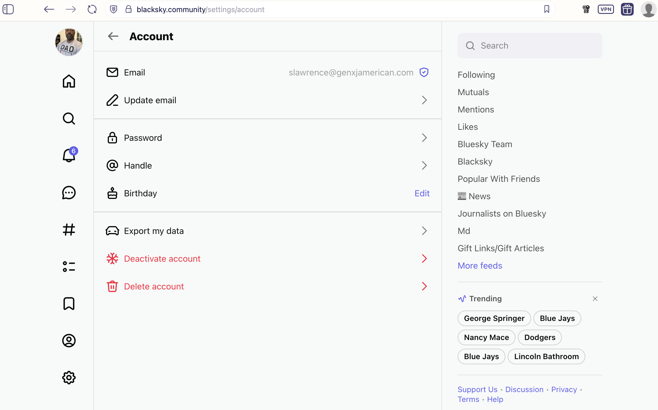 Auto-generated description: A user interface of an account settings page on a website displays options for updating personal information and managing account preferences, with a sidebar offering navigation links and trending topics.