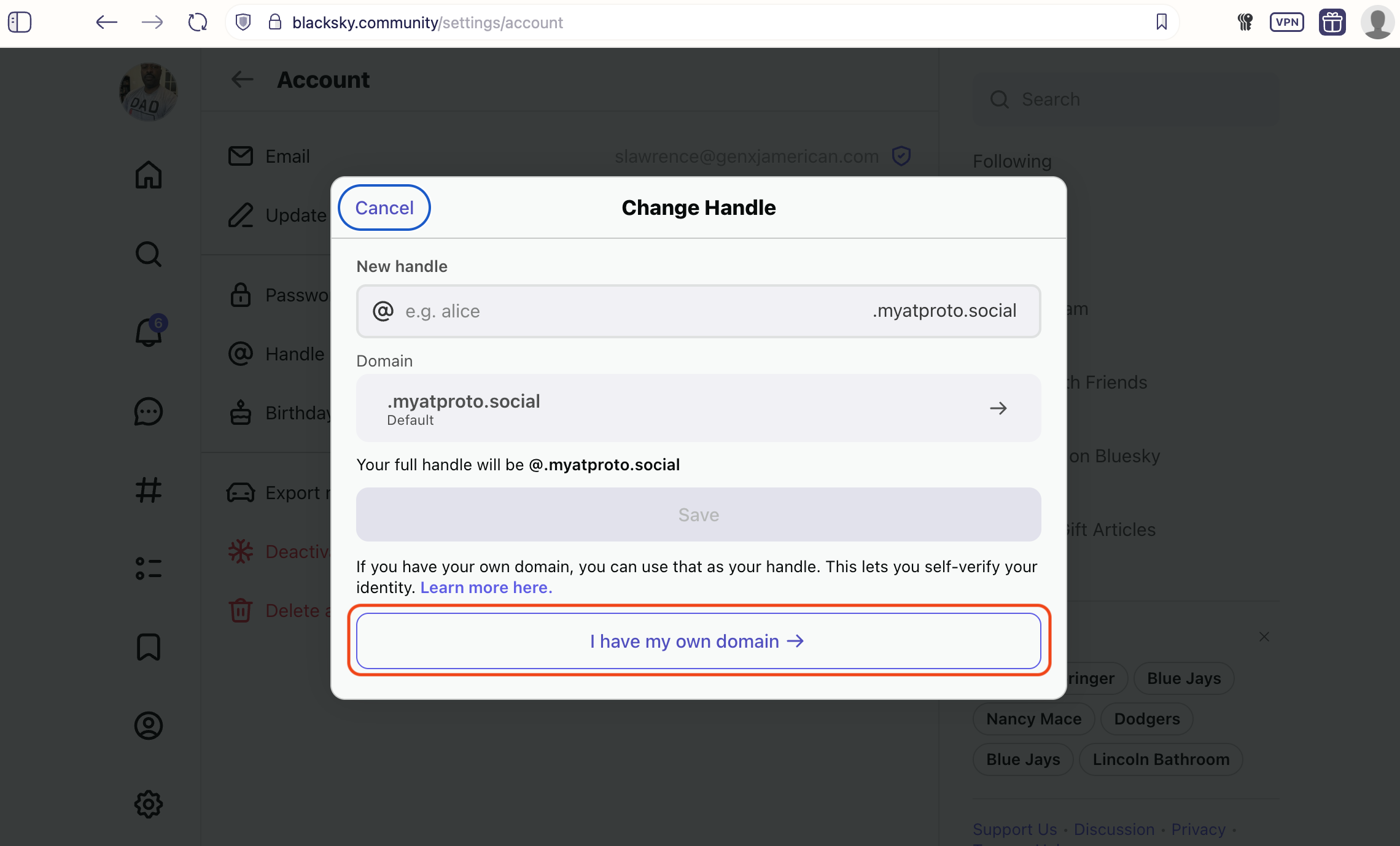 Auto-generated description: A dialog box for changing a handle is shown on a social media account settings page, offering options to set a new handle or use a custom domain.