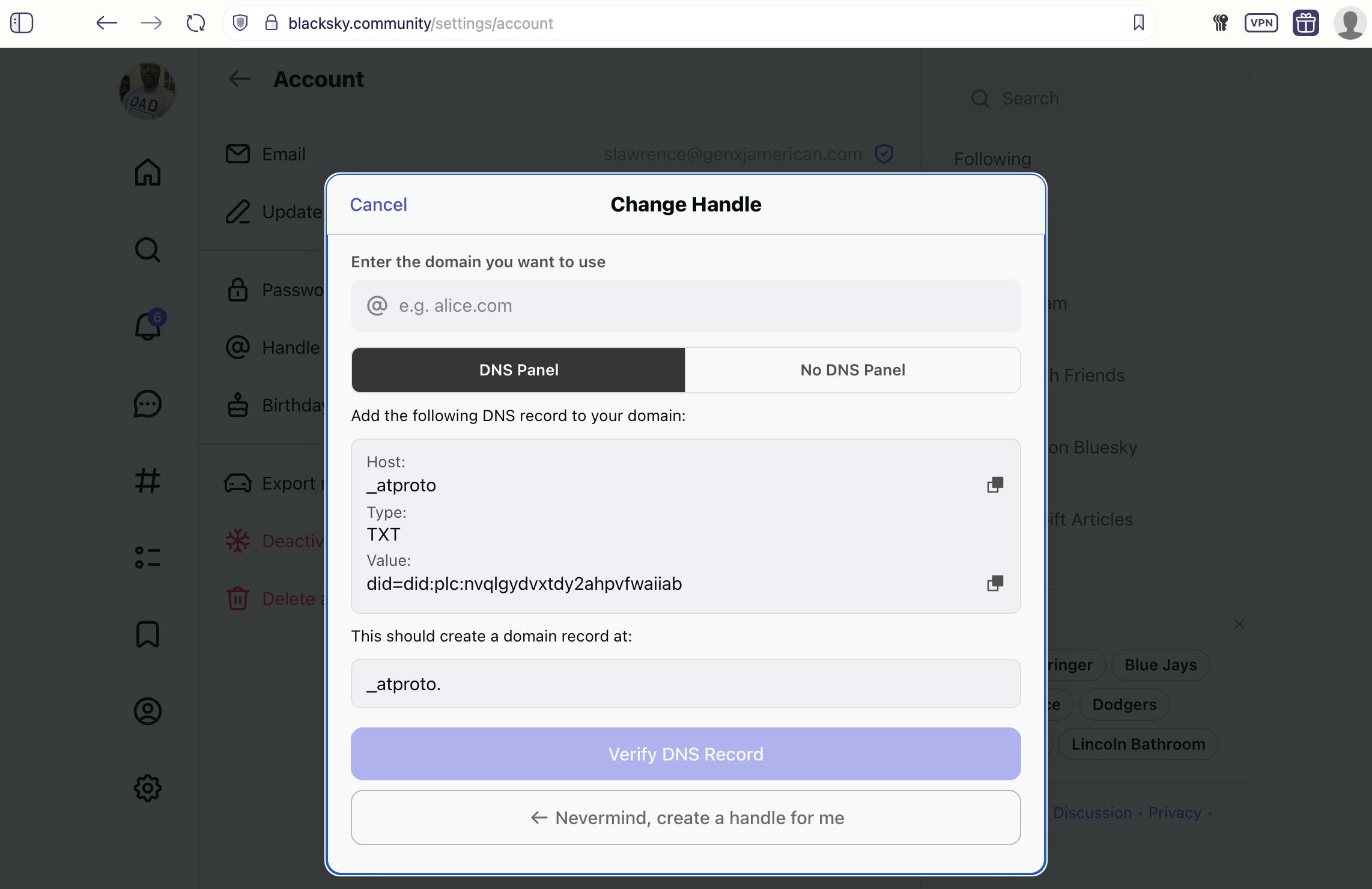 Auto-generated description: A user interface for changing a handle with DNS record verification options is displayed.