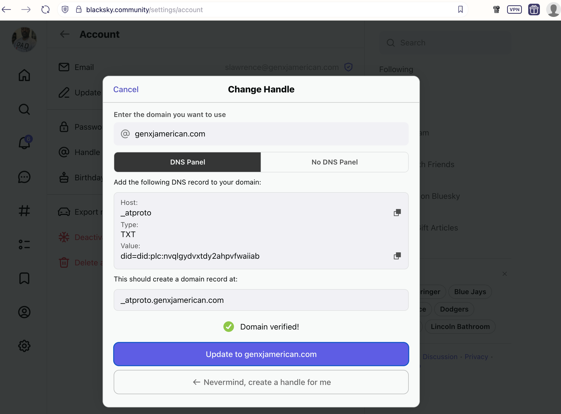 Auto-generated description: A user interface for changing a handle on a website, showing DNS settings instructions.