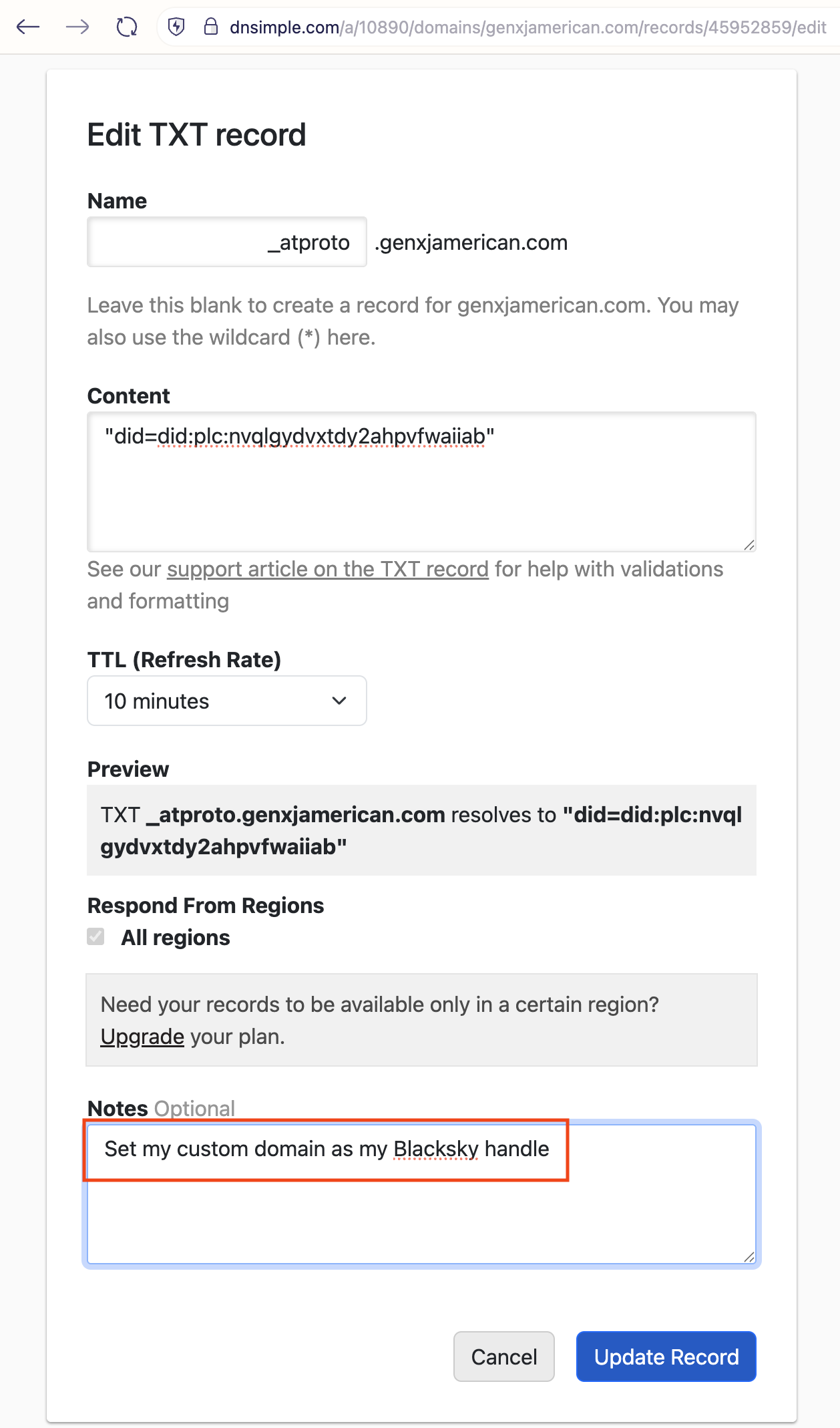 Auto-generated description: A user interface for editing TXT records on dnsimple.com, showing a custom domain update with a Blacksky handle description.