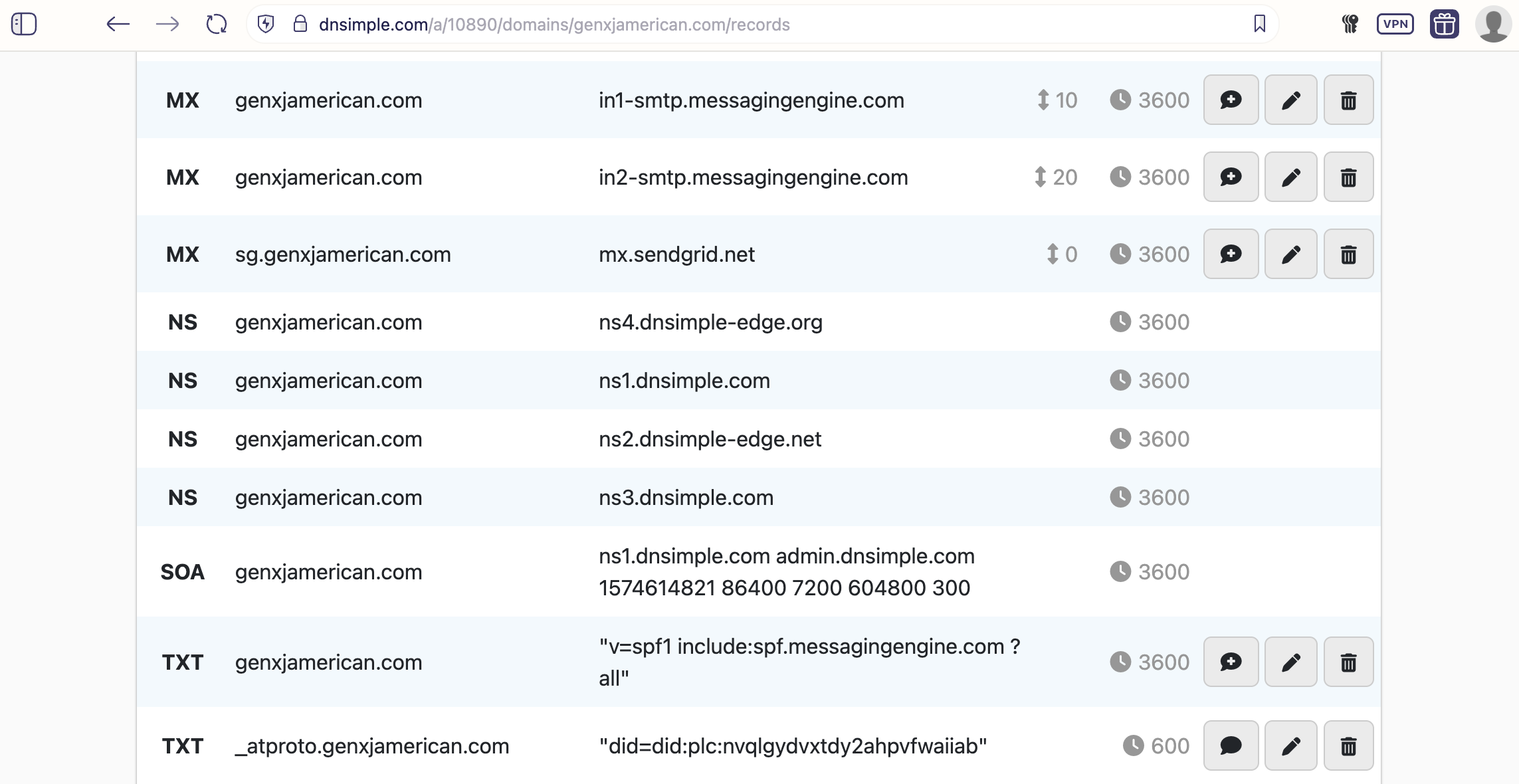 Auto-generated description: A DNS records table displays various entries for the domain genxjamerican.com, including MX, NS, SOA, and TXT records.